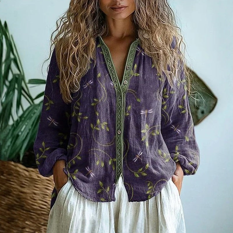 Lillian | Bluzka w stylu vintage z motywem liści