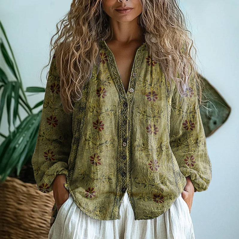 Lillian | Bluzka w stylu vintage z motywem liści