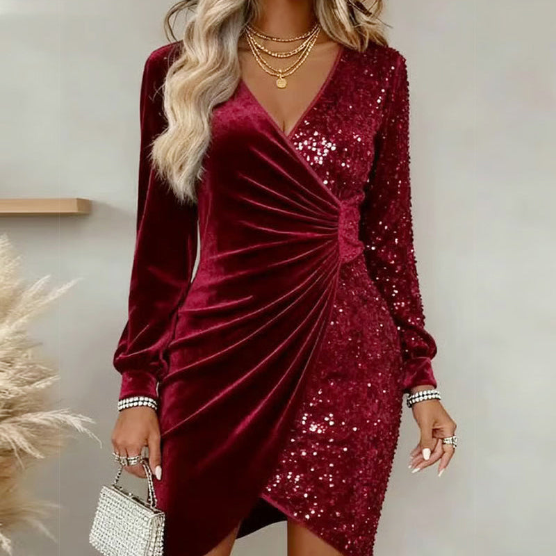 YARA| Aksamitna sukienka z cekinami i dekoltem w serek