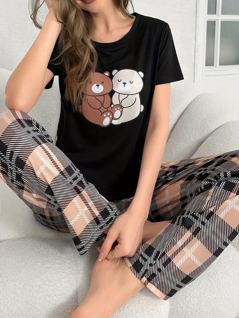 Czarna piżamka damska z nadrukiem misiów i spodniami w kratę