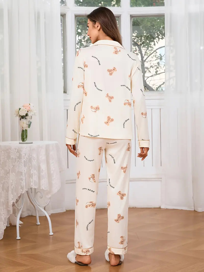 Piżamka z długim rękawem w misie w kolorze ecru