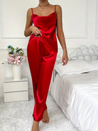 Komplet piżamkowy satynowy czerwony z topem i długimi spodniami