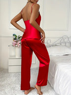 Komplet piżamkowy satynowy czerwony z topem i długimi spodniami