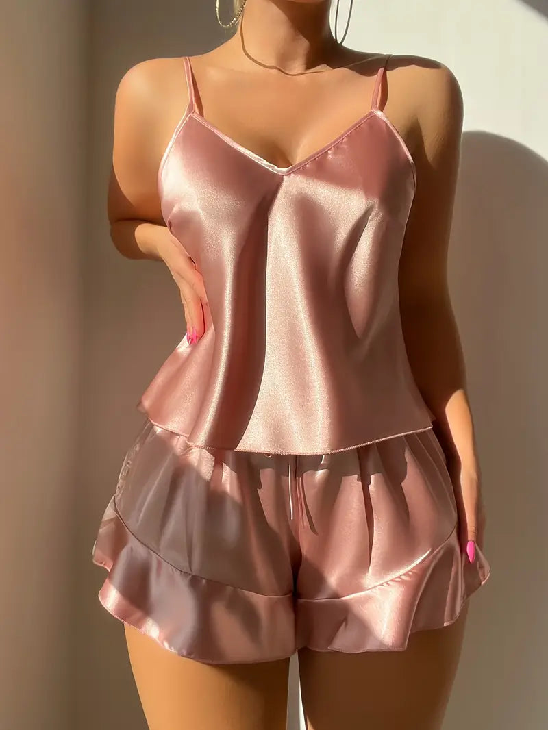 Satynowy komplet piżamowy z topem i szortami Różowy