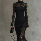 Elwira | Elegancka czarna sukienka maxi z koronką