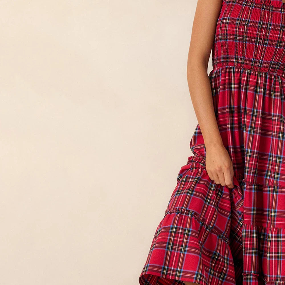 ZUZANNA| Damska sukienka bez rękawów, w kratę, A-linia, na wyposażeniu