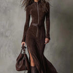 Adrianna | Brązowa zamszowa sukienka maxi z paskami i zamkami