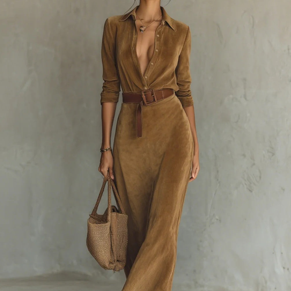 Zamszowa sukienka maxi z pojedynczym zapięciem i kołnierzem