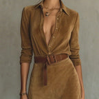 Zamszowa sukienka maxi z pojedynczym zapięciem i kołnierzem