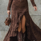 Kalina | Brązowa sukienka maxi w stylu retro