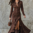 Kalina | Brązowa sukienka maxi w stylu retro