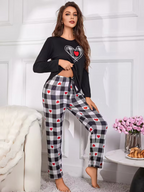 Piżamka damska czarno-biała w kratę z czerwonymi sercami