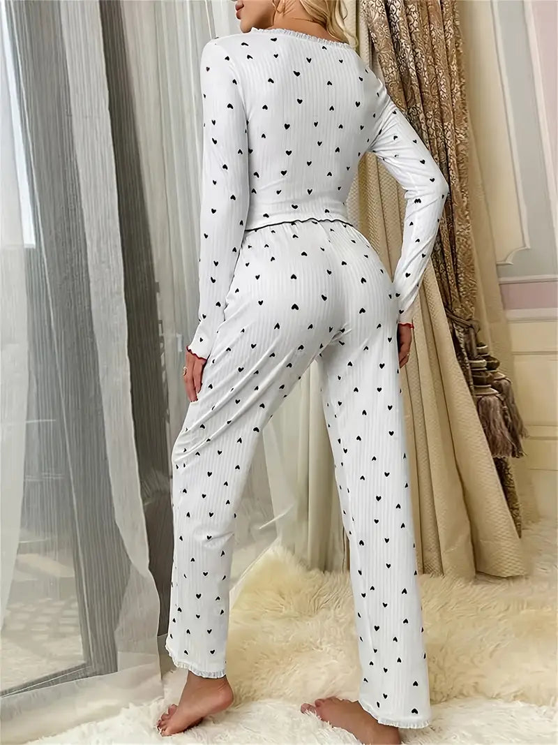 Piżama w serduszka z długim rękawem i ozdobnymi kokardkami w kolorze białym