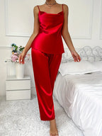 Komplet piżamkowy satynowy czerwony z topem i długimi spodniami