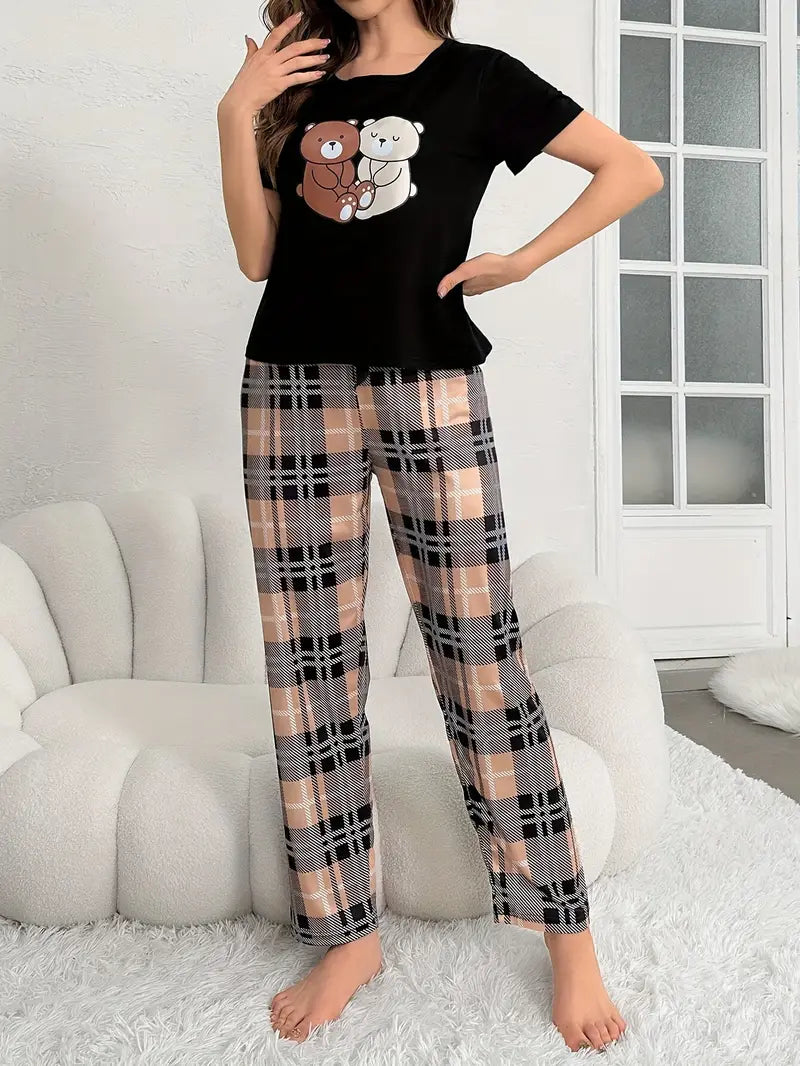 Czarna piżamka damska z nadrukiem misiów i spodniami w kratę