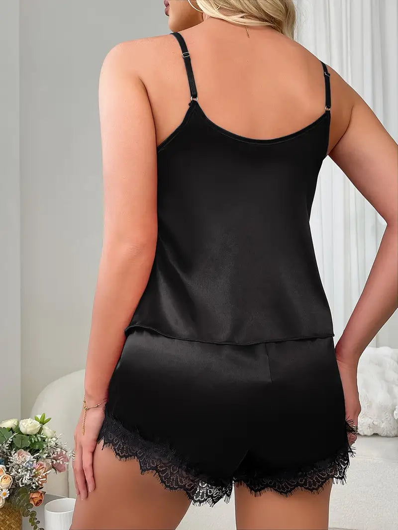 Satynowy komplet piżamowy z koronką Czarny