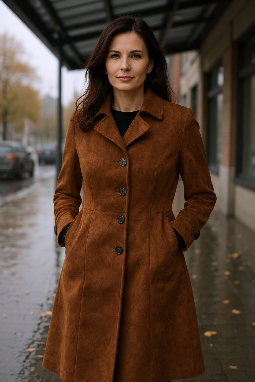 Teresa | Zamszowy płaszcz trench w stylu vintage